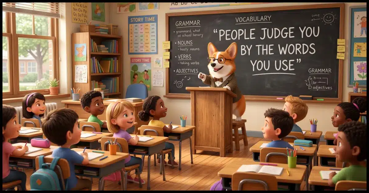 a Corgi teaching an English class. "People judge you by the words you use" is on the chalkboard.