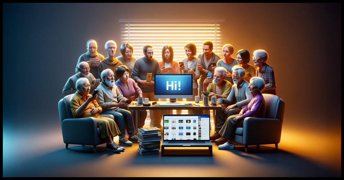 A photorealistic 16:9 image showing a diverse group of average computer users, each representing different ages and backgrounds, gathered around a modern, user-friendly computer setup. They are displaying a range of emotions from confusion to relief, illustrating their journey with technology over 20 years. The scene highlights the evolution from complex, intimidating technology to simple, intuitive interfaces, emphasizing the users' desire for straightforward, functional technology. The environment should look like a comfortable, everyday setting, reflecting the everyday struggles and victories of average computer users.