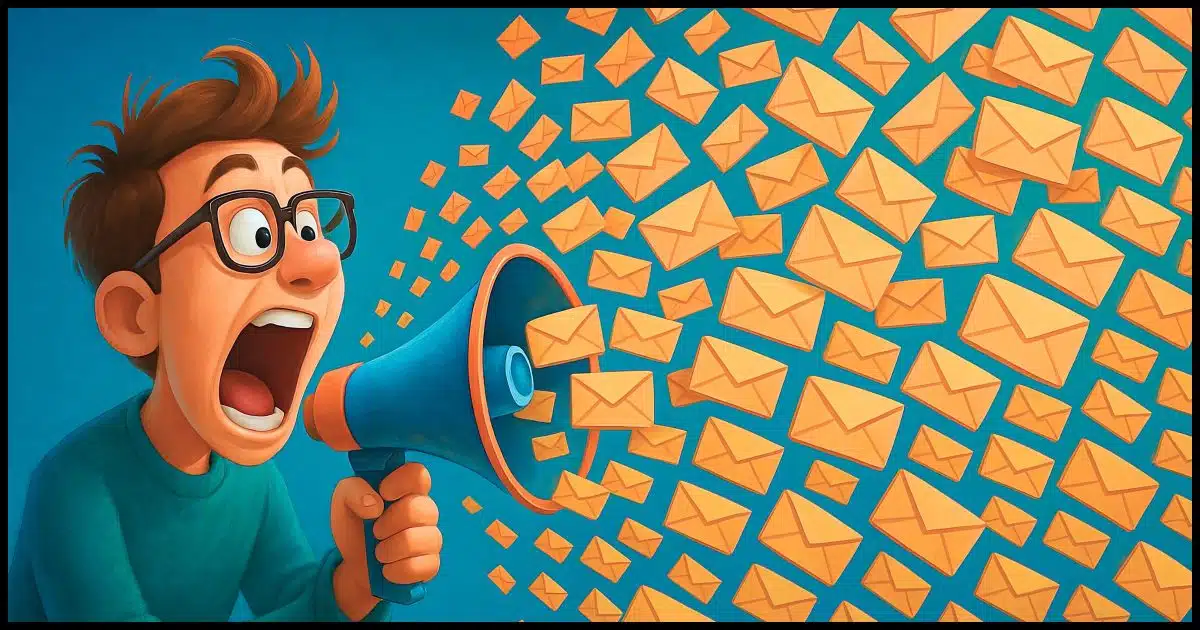 an individual yelling into a megaphone with hundreds of email envelopes spewing from the megaphone as a result
