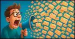 an individual yelling into a megaphone with hundreds of email envelopes spewing from the megaphone as a result