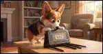 A Corgi examining the underside of a router which has a sticker that says "Default password: 9hFkiFe6cX"