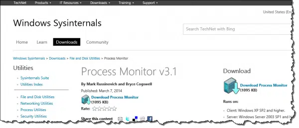 Process Monitor Download Page