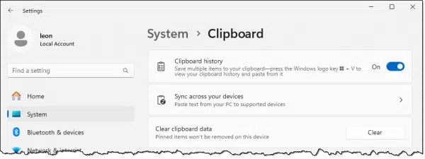 Clipboard history setting.