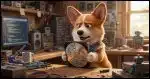A corgi with a puzzled look holding a hard disk platter that has lines and writing on it that indicate 1/3rd is "C:" and the rest is "D:".