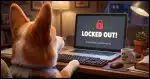 An over the shoulder perspective of a puzzzled looking Corgi looking at a computer screen with the error message "Locked Out!" on it.