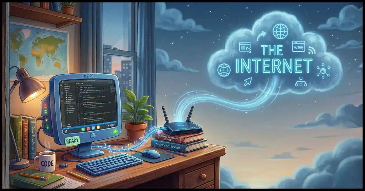 a computer and router on a desk with a symbolic connection from the computer to the router, and from the router to the cloud representing the internet
