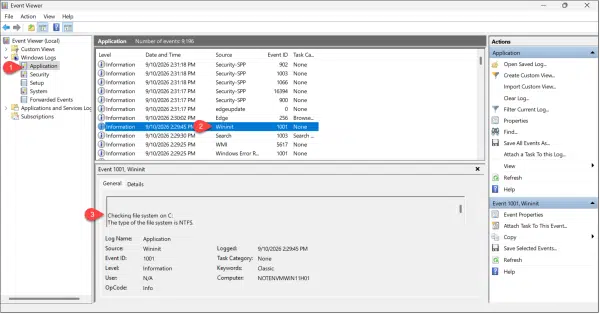 CHKDSK results in the event viewer.