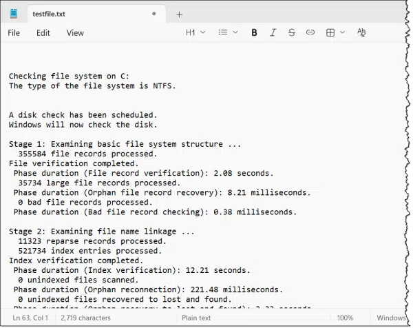 CHKDSK results pasted into Notepad.