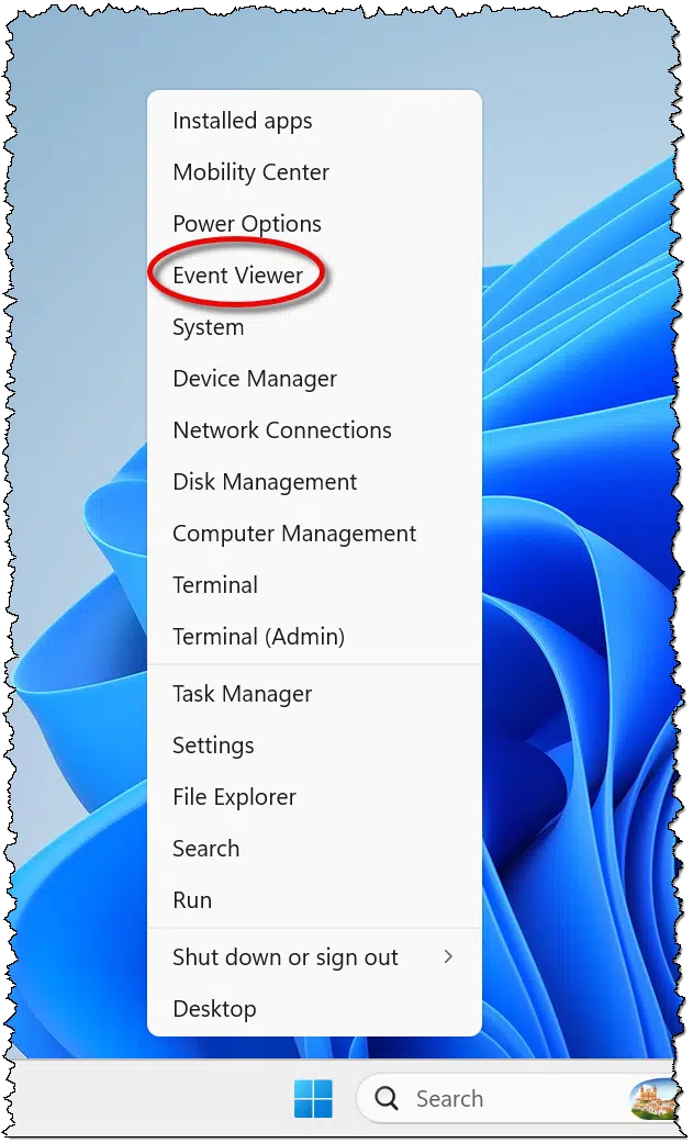 Event Viewer in the Alternate Start menu.