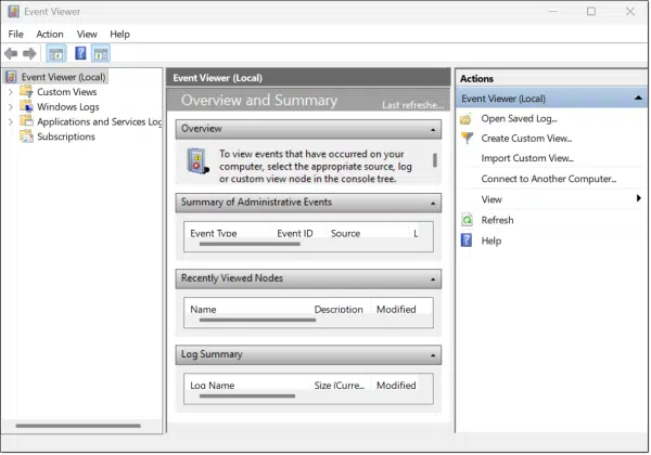 Default layout of Event Viewer.
