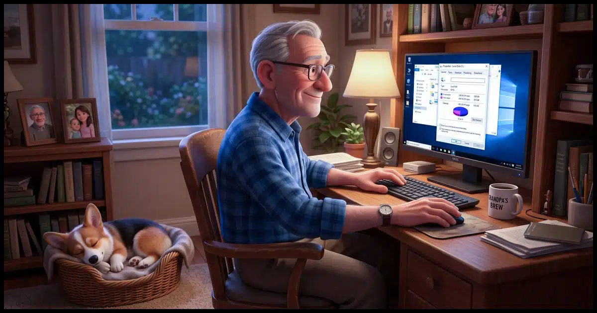 A senior sitting at a desktop computer, screen showing a Windows drive Properties dialog, warm home-office lighting, a calm sense of taking control rather than panic. A Corgi lies sleeping in a basket nearby.