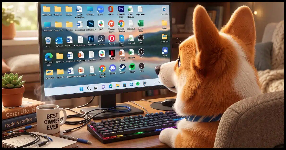 An over the shoulder close up of a Corgi looking at a Windows 11 desktop cluttered with icons. In a home office setting.