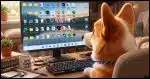 An over the shoulder close up of a Corgi looking at a Windows 11 desktop cluttered with icons. In a home office setting.