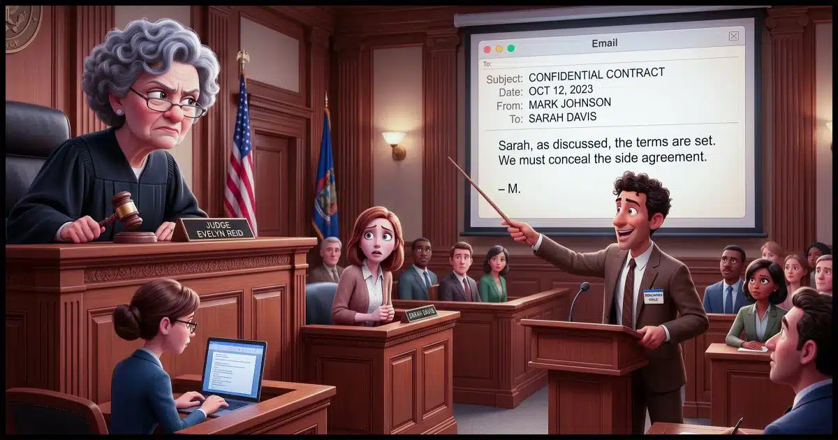 A courtroom scene. A lawyer uses a pointer to point to an email displayed on a large screen. The judge looks skeptical. The person in the witness box looks scared.