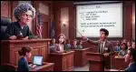 A courtroom scene. A lawyer uses a pointer to point to an email displayed on a large screen. The judge looks skeptical. The person in the witness box looks scared.