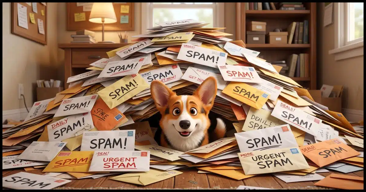 Corgi emerging from a pile of spam.