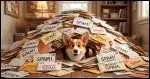 Corgi emerging from a pile of spam.