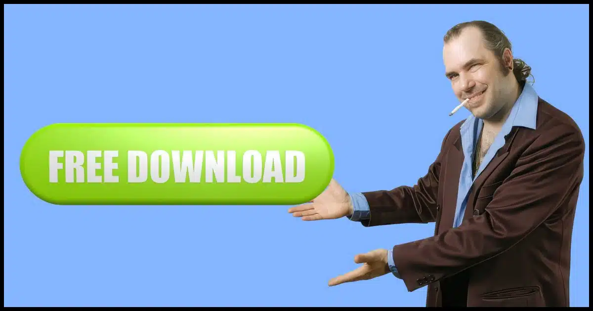 A questionable looking user-car salesman type gesturing towards a "Free Download" button.