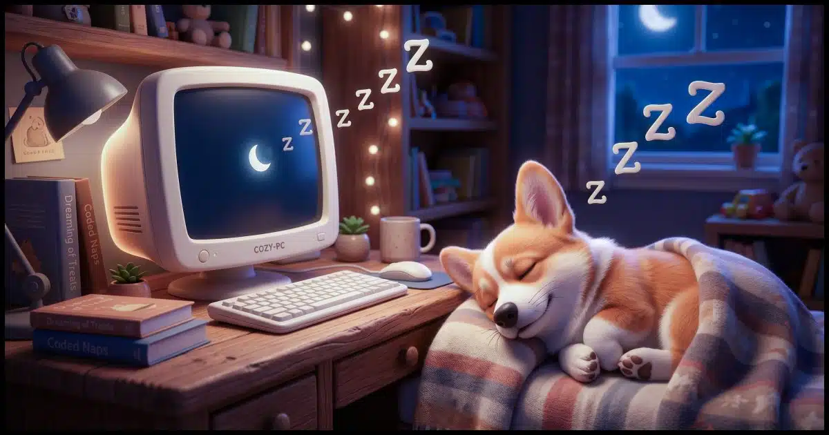 A computer on a desk, "sleeping", and a Corgi nearby also sleeping. Both have stereotypical "Zzz" shown