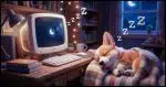 A computer on a desk, "sleeping", and a Corgi nearby also sleeping. Both have stereotypical "Zzz" shown