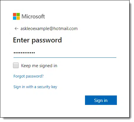Microsoft account, enter password dialog