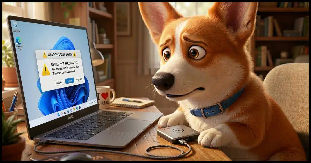 A Corgi at a desk holding a small external drive, staring at a laptop showing a "device not recognized" error.