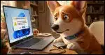 A Corgi at a desk holding a small external drive, staring at a laptop showing a "device not recognized" error.