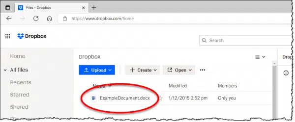 Dropbox online containing a document.