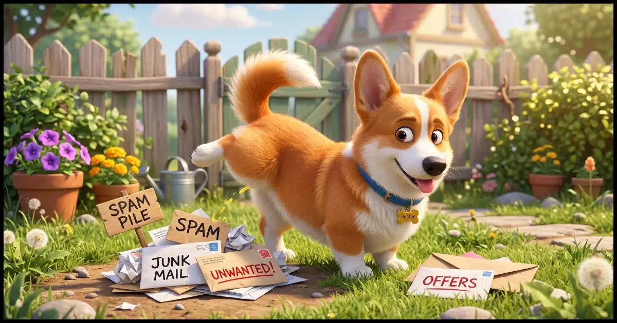 A Corgi lifting his leg over and peeing on a small pile of messages labeled "SPAM".