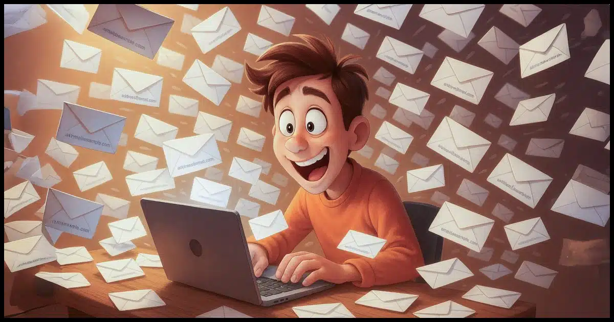 A cheerful but overwhelmed cartoon character at their computer as hundreds of flying paper emails burst out of the screen, addresses visible everywhere.