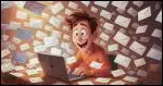 A cheerful but overwhelmed cartoon character at their computer as hundreds of flying paper emails burst out of the screen, addresses visible everywhere.