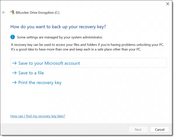 Saving your Bitlocker recovery key.