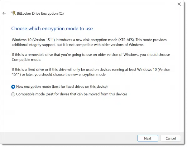 Encryption mode to be used.