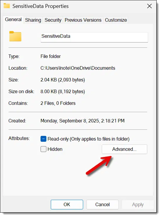 Folder properties dialog.
