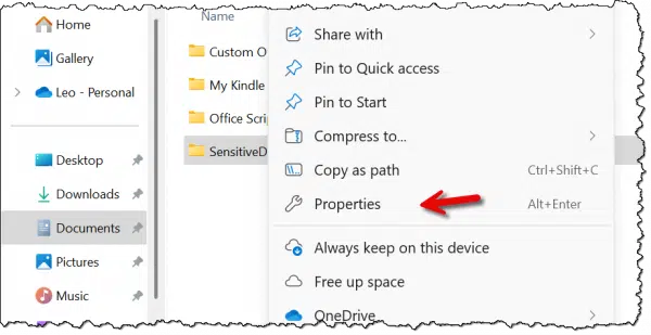 Properties item in a right-click menu.