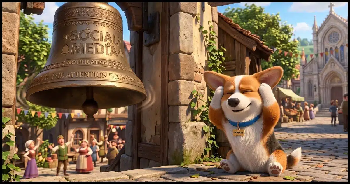 A Corgi holding his ears next to a large "social media" bell that's just been rung