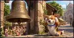 A Corgi holding his ears next to a large "social media" bell that's just been rung