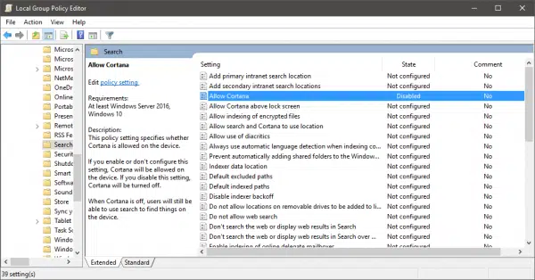 Allow Cortana in GPEdit