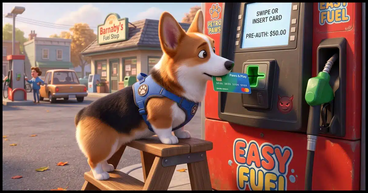 A Corgi using a debit card at a gas pump. The card reader has a faint malicious looking devil on it.