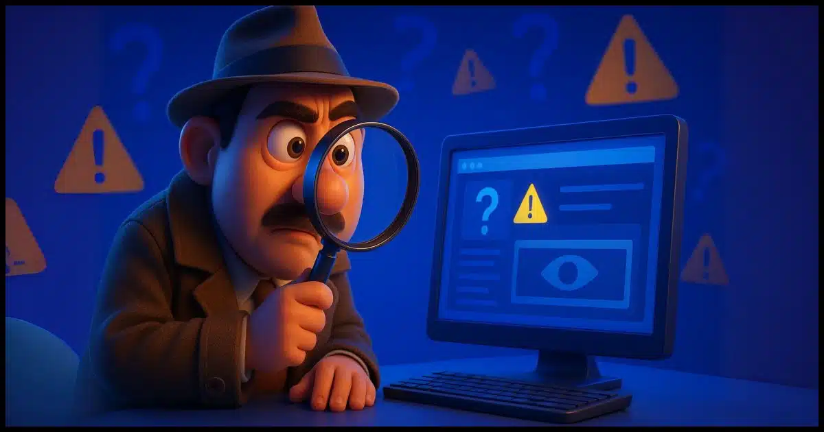A cartoon-style detective with a magnifying glass examining a computer screen showing a mysterious websiteThe background shows question marks and warning symbols, while the detective looks both curious and cautious. 