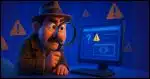 A cartoon-style detective with a magnifying glass examining a computer screen showing a mysterious website The background shows question marks and warning symbols, while the detective looks both curious and cautious.