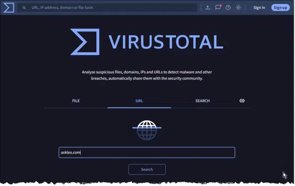 Virus Total URL scan entry.