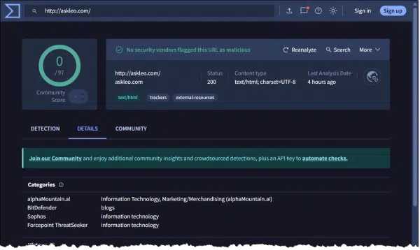 Virus Total Details tab