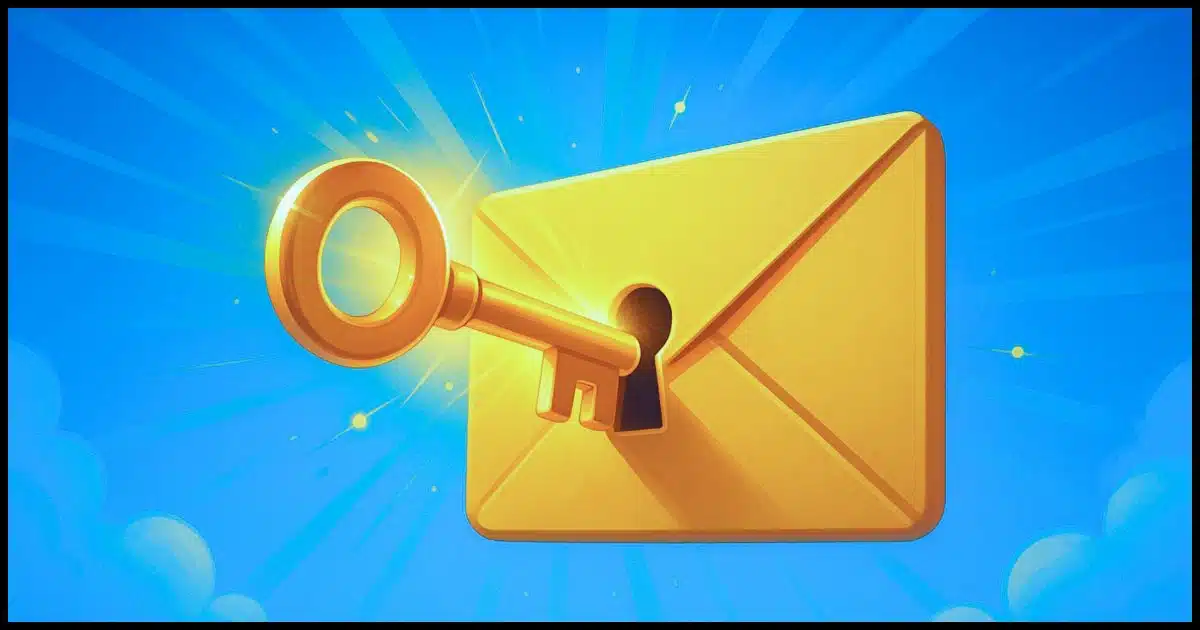 A glowing golden key unlocking a bright envelope icon, set against a vibrant blue sky with rays of light, symbolizing control and permanence in email.