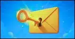 A glowing golden key unlocking a bright envelope icon, set against a vibrant blue sky with rays of light, symbolizing control and permanence in email.