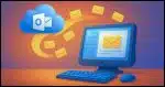 email flowing from an Outlook.com cloud icon into a desktop PC displaying an email program