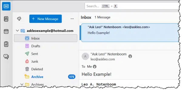 An outlook.com account open in Thunderbird.