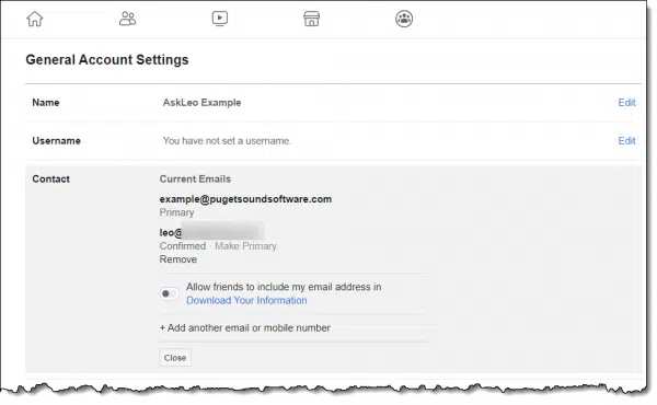 Facebook account with two email addresses.