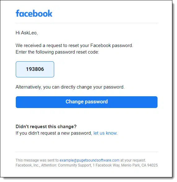 Facebook Recovery Code email