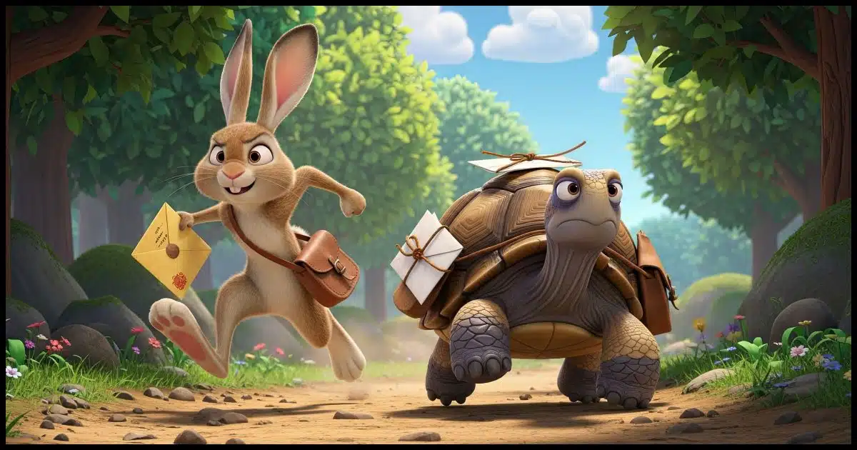 a rabbit carrying a message envelope racing past a tortoise also carrying a message envelope